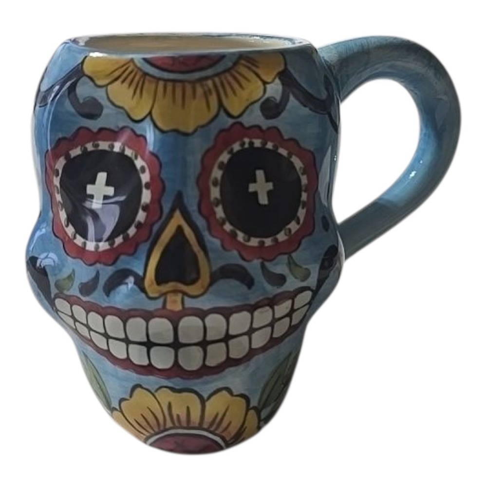 Maxcera Coffee Tea Mug Sugar Skull Day of the Dead Blue Ceramic 20oz Hand Paint